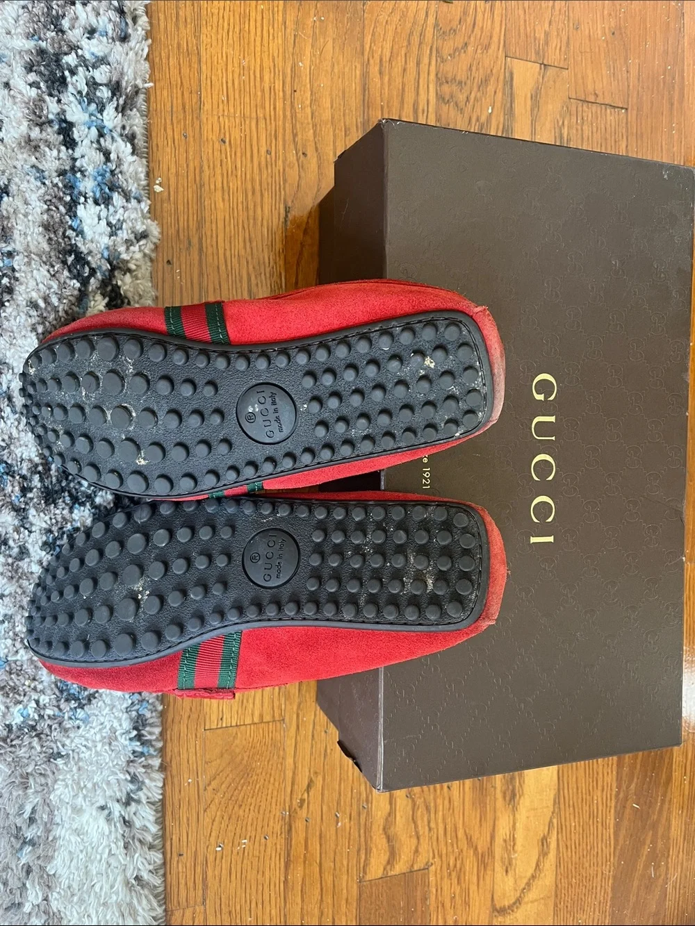 Gucci Red Suede Drivers with Signature Web Stripe